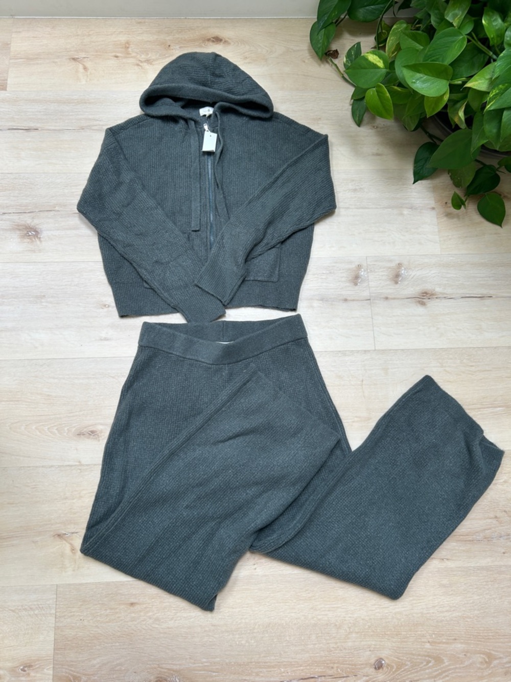 Lou & Grey Charcoal Knit Hoodie and Wide-Leg Track Pants Set